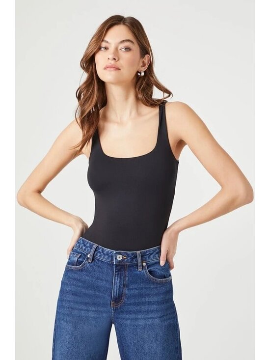 Forever 21 Black Square Neck Tank One Piece Bodysuit M - Picture 1 of 5